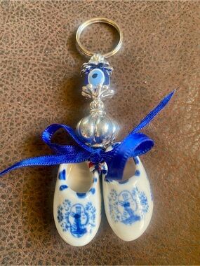 Blue Delft Windmill  Design Ceramic Shoe Keychain w/ Protective Evil Eye Accent